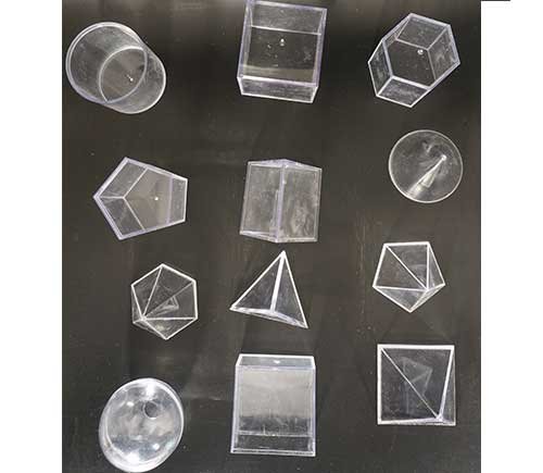Transparent 3D Shapes has sphere, cylinder, pyramid, cylinder, cube, cuboid, prism
